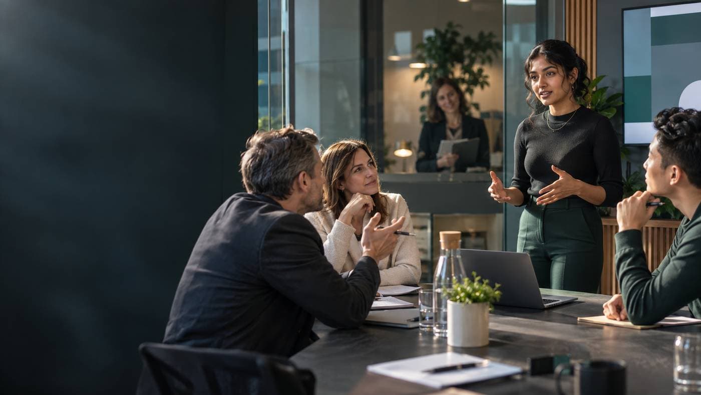 A young professional presenting to senior colleagues in a boardroom