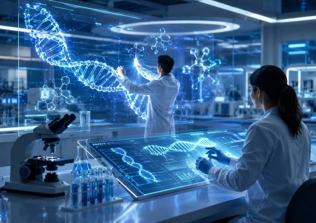 Researchers working with molecular visualisations in a laboratory
