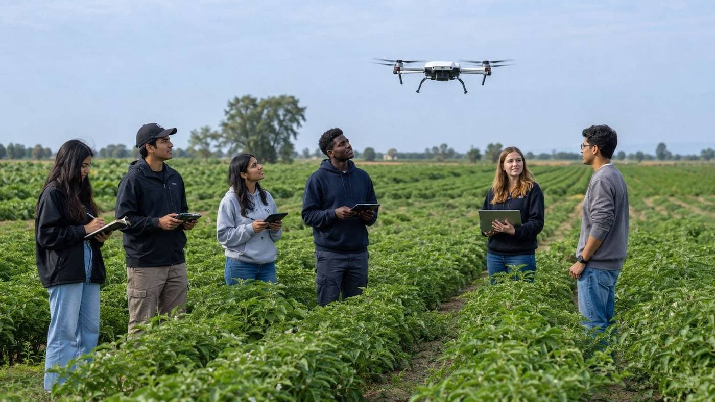 Students and a mentor working in a field with a survey drone overhead