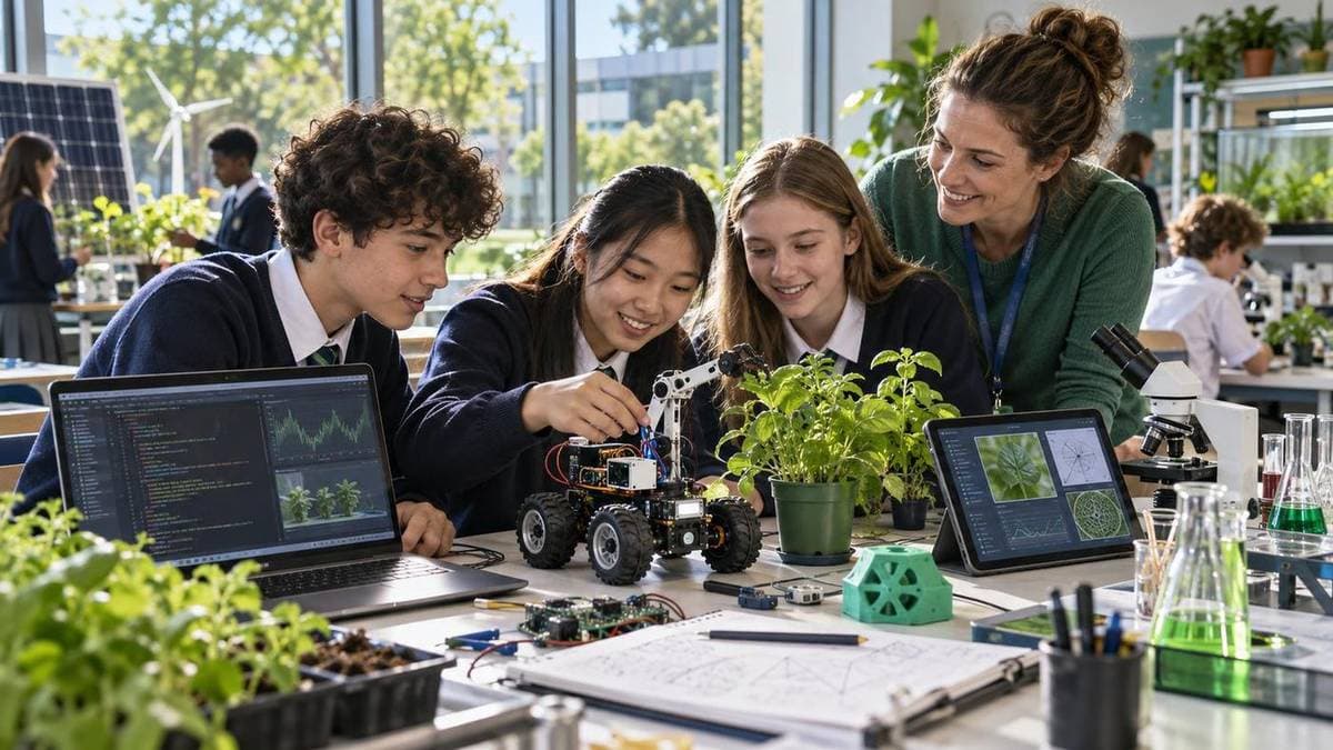 School students building a robotics project with their teacher