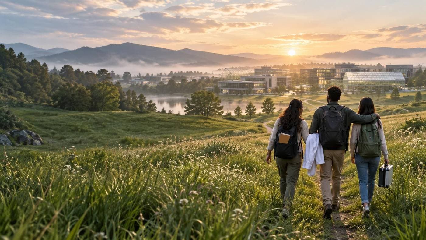 Researchers walking toward a life sciences campus at sunrise