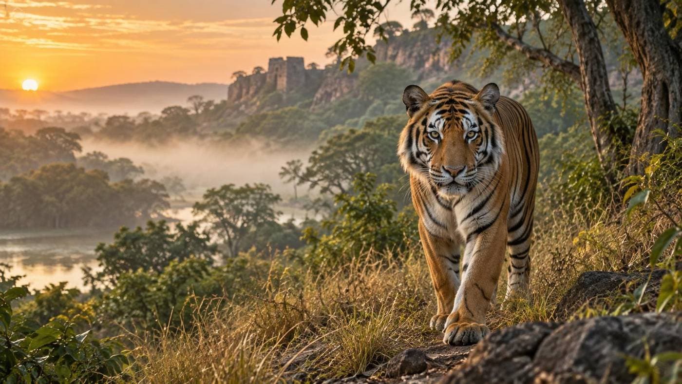 A tiger at sunrise in an Indian forest reserve